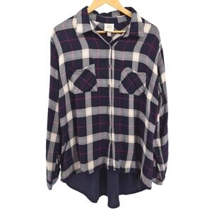 Knox Rose Womens XL Navy Pink Plaid Button Up Flannel Shirt Tunic Boho Slouchy